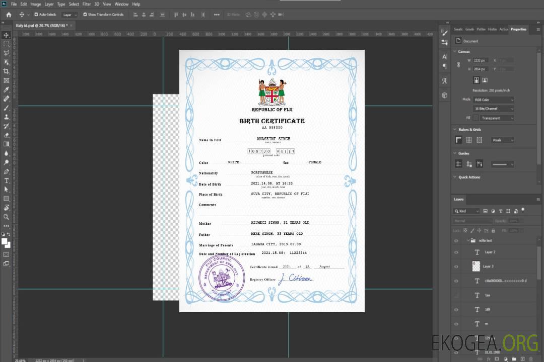 Modèle PSD de certificat de naissance de l'état civil des Fidji template
